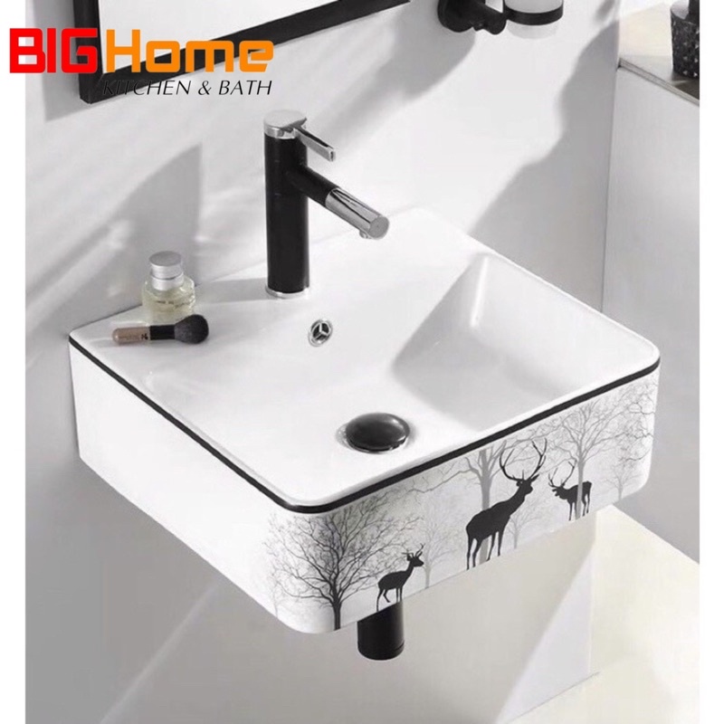 Chậu rửa mặt lavabo hoa văn TREO TƯỜNG hay Đặt Bàn Đá VUÔNG CON HƯƠU TREO TƯỜNG, men NANO trắng sáng