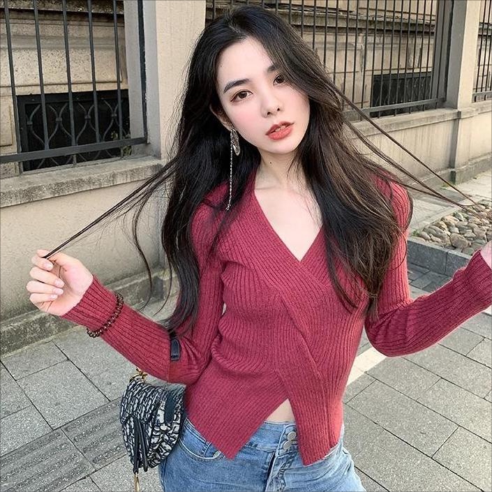 ZHELIHANGFEI Áo Len Tay Dài Cổ Chữ V Vạt Chéo Eo Thời Trang