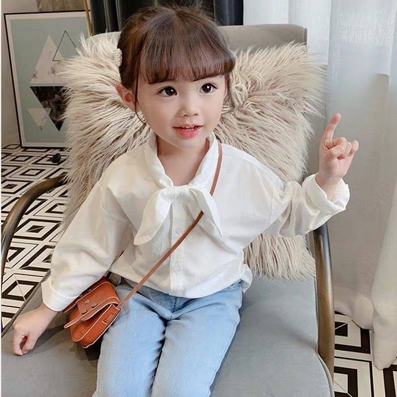 Áo sơ mi dài tay thắt nơ 2 màu trắng & hồng cho bé gái  N01354