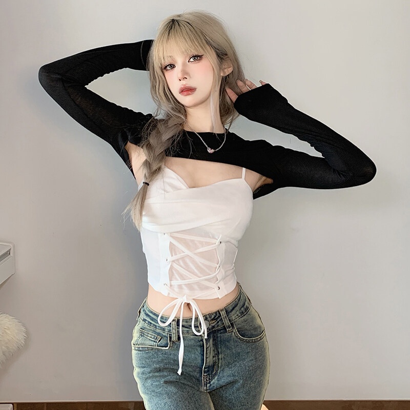 Bộ áo Weird Puss tay dài cổ tròn phối áo hai dây thời trang cá tính dành cho nữ