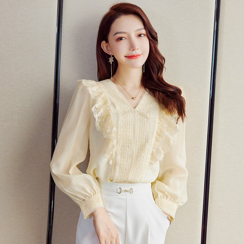 Áo kiểu MULTIPLICATION chiffon tay dài cổ chữ V phối bèo nhún thời trang mùa xuân 2023 mới dành cho nữ