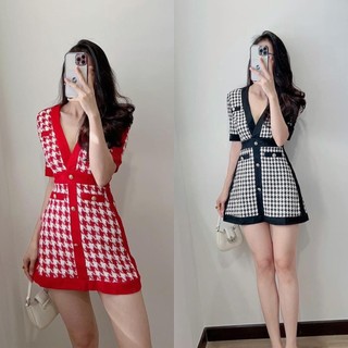 Đầm dạ caro đỏ cổ v tay ngắn rossy fashion - sr175