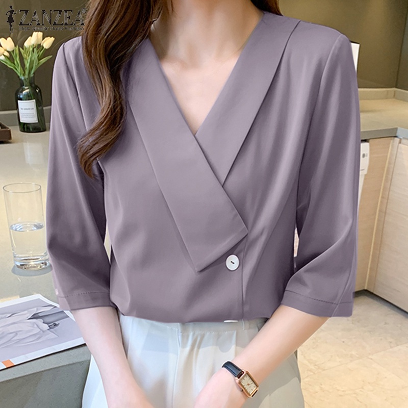 Zanzea Áo Sơ Mi Nữ Tay Lửng Cổ Chữ V Màu Trơn Thời Trang