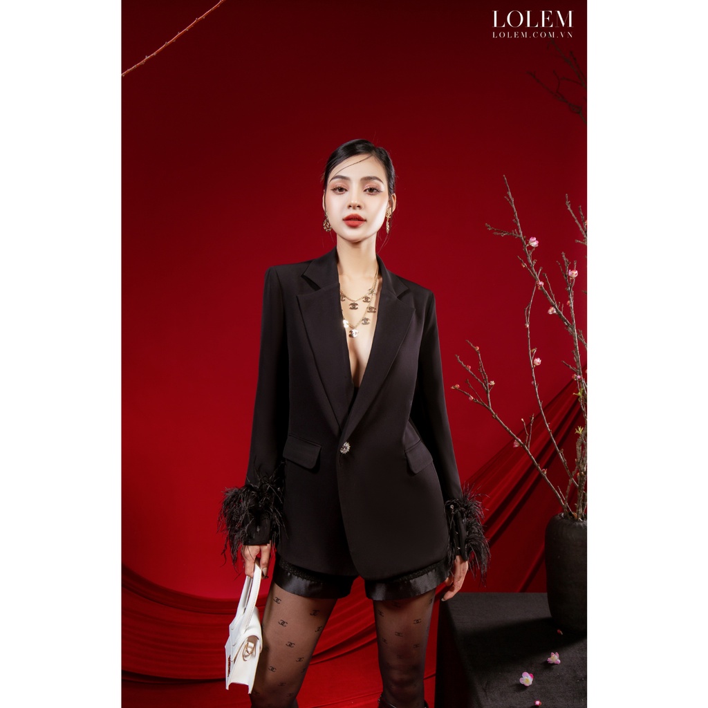 Áo blazer nữ form suông LOLEM AKNB019 tay phối lông vũ vải sạn Nhật cao cấp