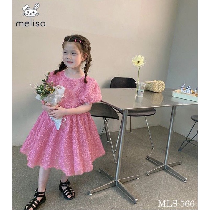 Váy bé gái màu hồng hoa nổi 3D