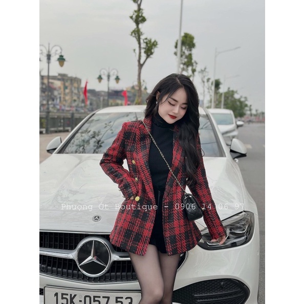 ÁO DẠ CARO ĐỎ ĐÔ CỔ VEST NẮP TÚI NGANG lương su shop