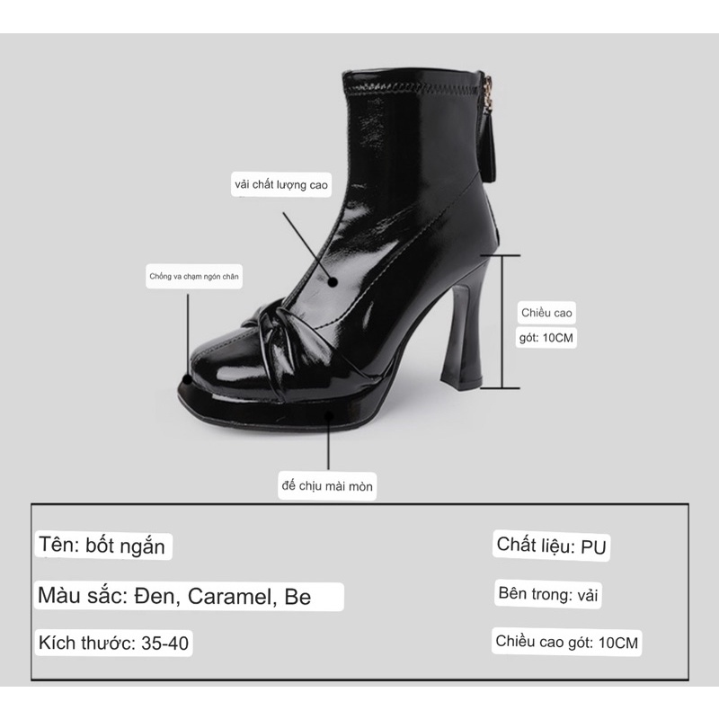 Boots nữ cổ ngắn da bóng ôm chân gót cao 10cm có khoá kéo