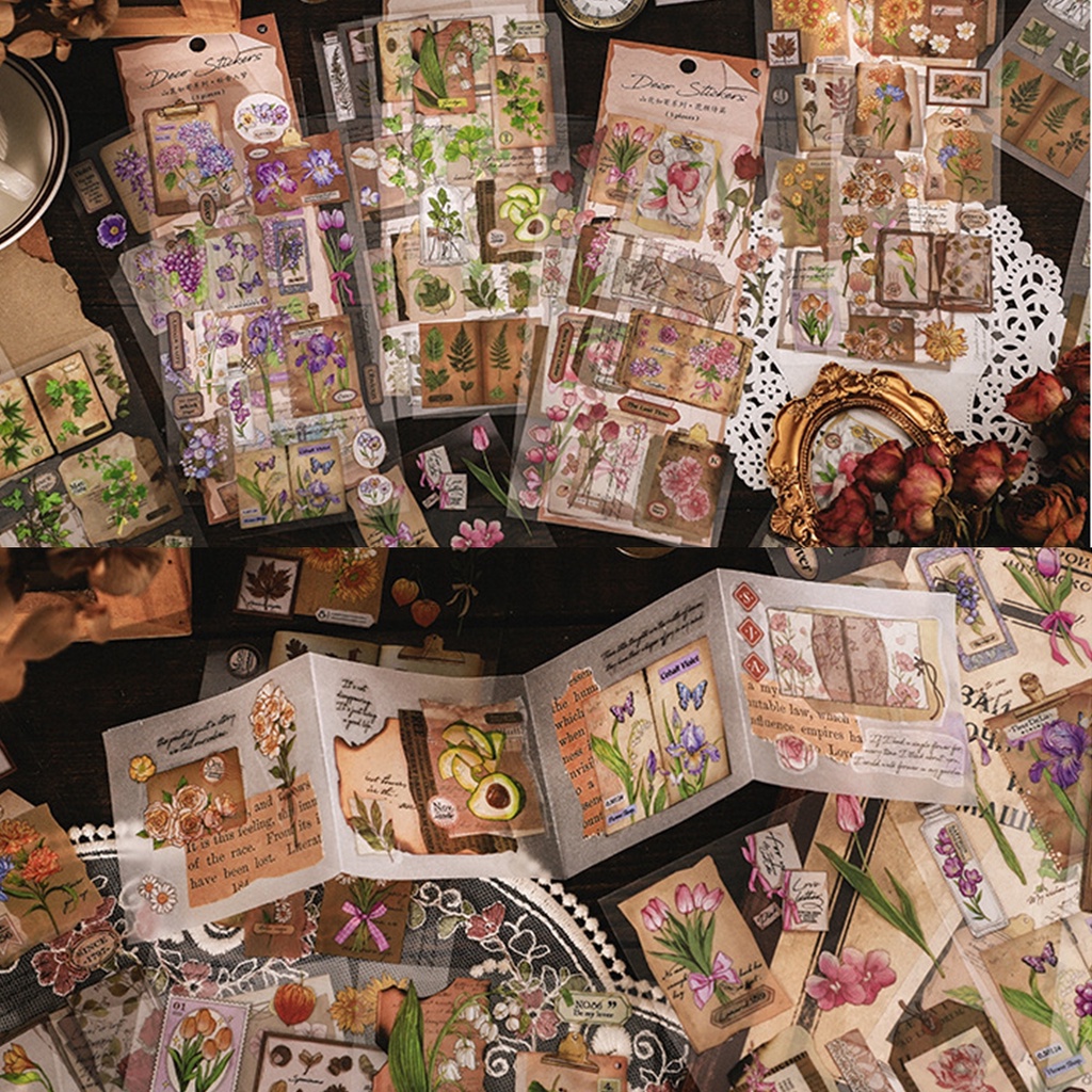 Set 3 tấm sticker PET các mẫu hoa nhiều màu sắc và giấy note trang trí journal