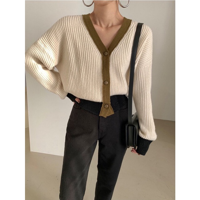 AfterBefore Áo Cardigan cổ tim viền nâu đen