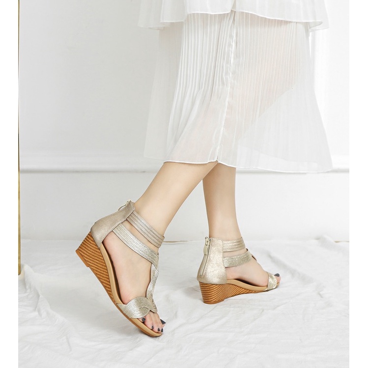 Giày sandal đế xuồng 5cm XiangLV, quai giả cói