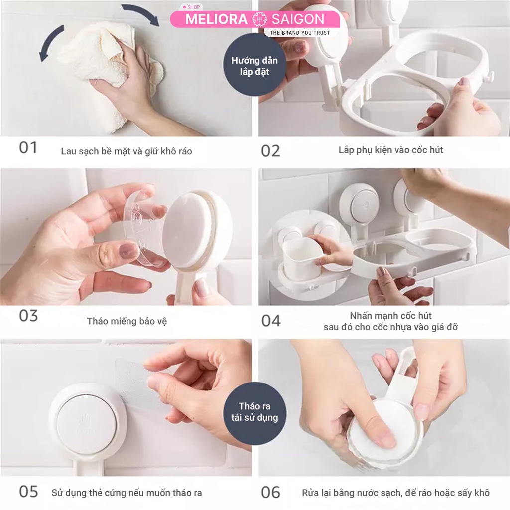 Giá đỡ máy sấy tóc có kệ đựng bàn chải đánh răng cao cấp MELIORA tải 10kg chống nước treo tường hút chân không SG597