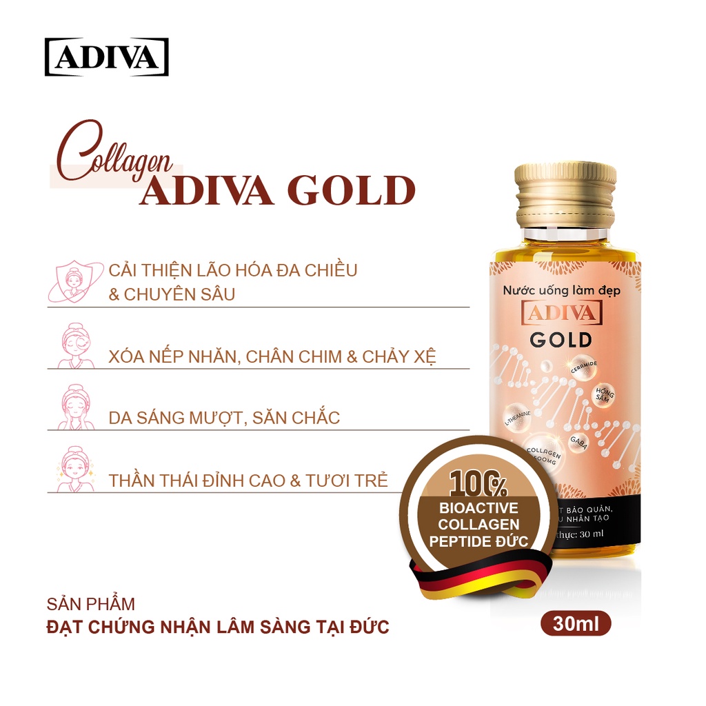 Combo 2 Hộp Nước Uống Làm Đẹp Collagen ADIVA Gold (14 Chai/Hộp) Tặng Viên Uống Bổ Sung Vitamin C Acerola C Plus 60 Viên