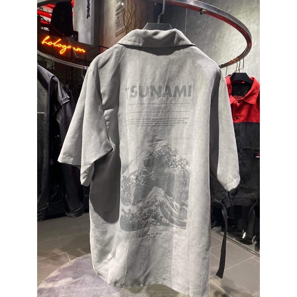 Áo sơ mi unisex Zune.zx tay lỡ đen xám form rộng in hoạ tiết, Tsunami shirt