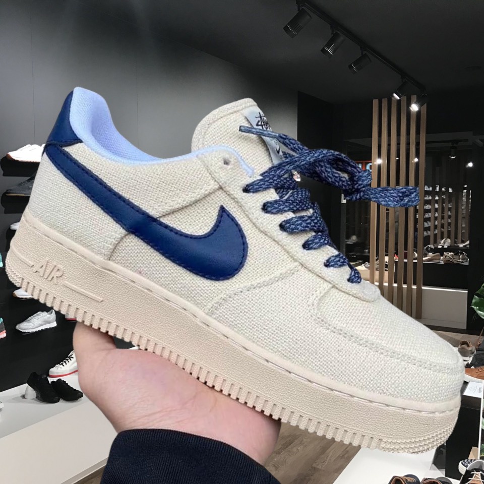 Giày thể thao AF1 canvas navy, Giày sneaker AF1 Vải Kem Sữa Hót trend, Màu Be Kem Tích Xanh nam Nữ Full bill box - Pagi