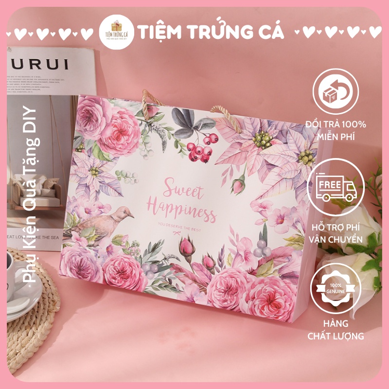 Combo Hộp & Túi Đựng Quà KT 27x21 Hoa Hồng Sweet Happiness Tiệm Trứng Cá Hộp Quà 14/2 - 8/3 - 20/10 - Kỷ niệm