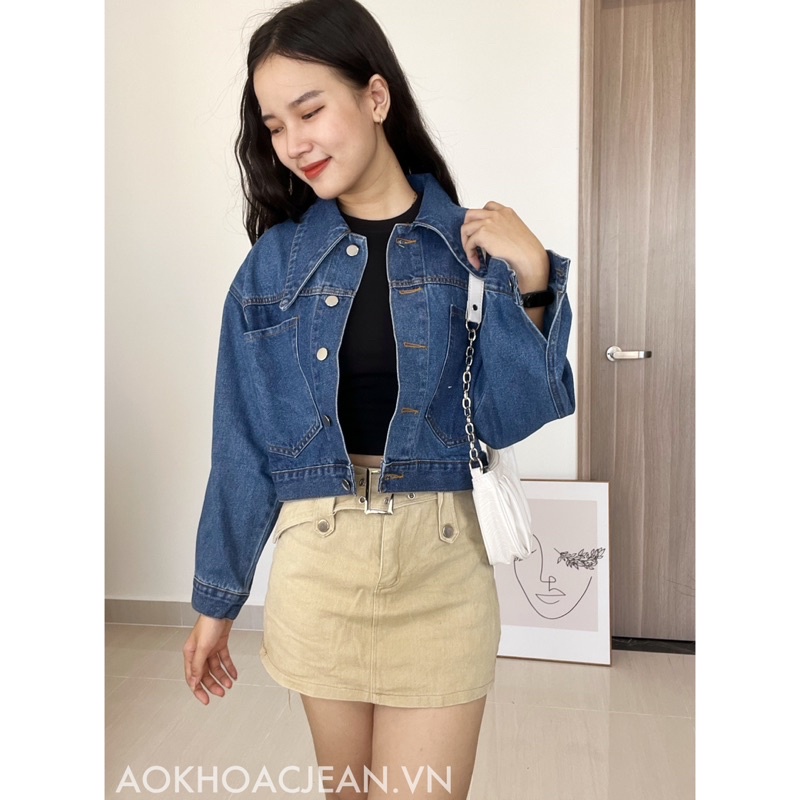 Áo khoác Jean nữ dài tay, 2 túi dáng ngắn phong cách Ulzzang