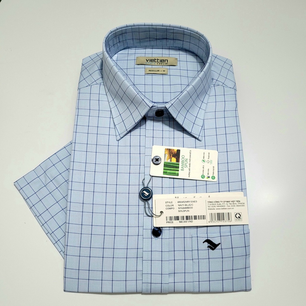 Aó sơ mi Việt Tiến smart casual ngắn tay ,tà ngang mã 6R0452NRY chính hãng ,cao cấp - form suông REGULAR -TÀ NGANG