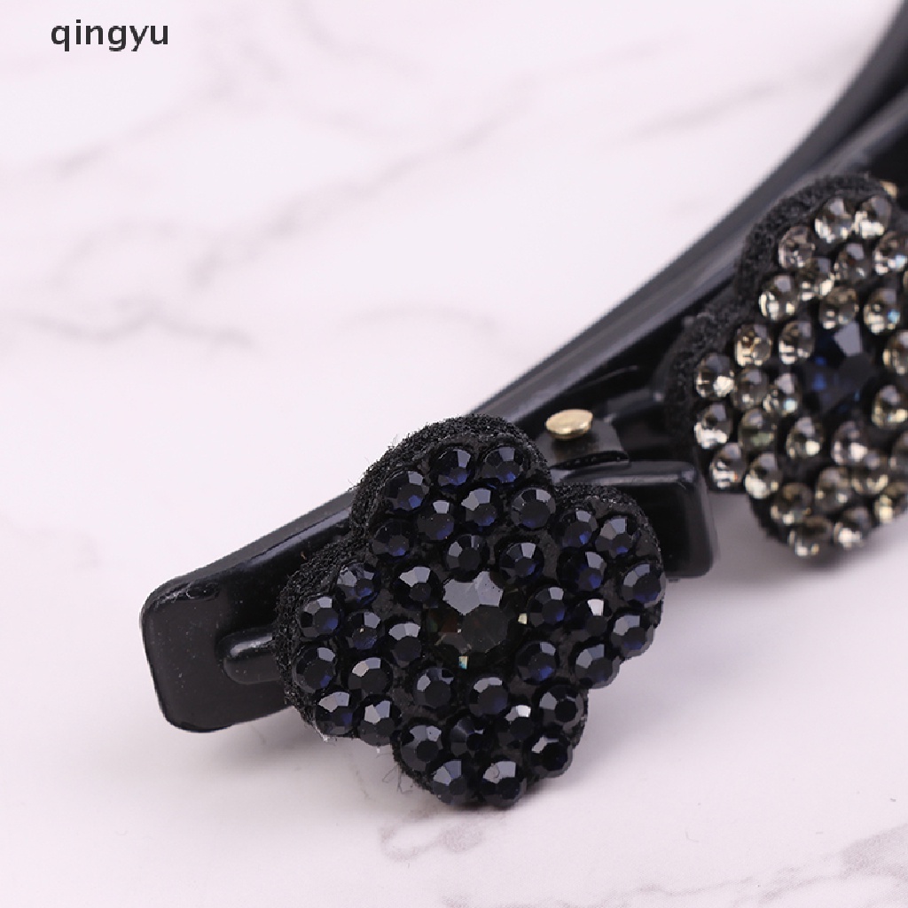 Qingyu Kẹp Tóc Bện Hình Cỏ Bốn Lá Đính Đá Pha Lê