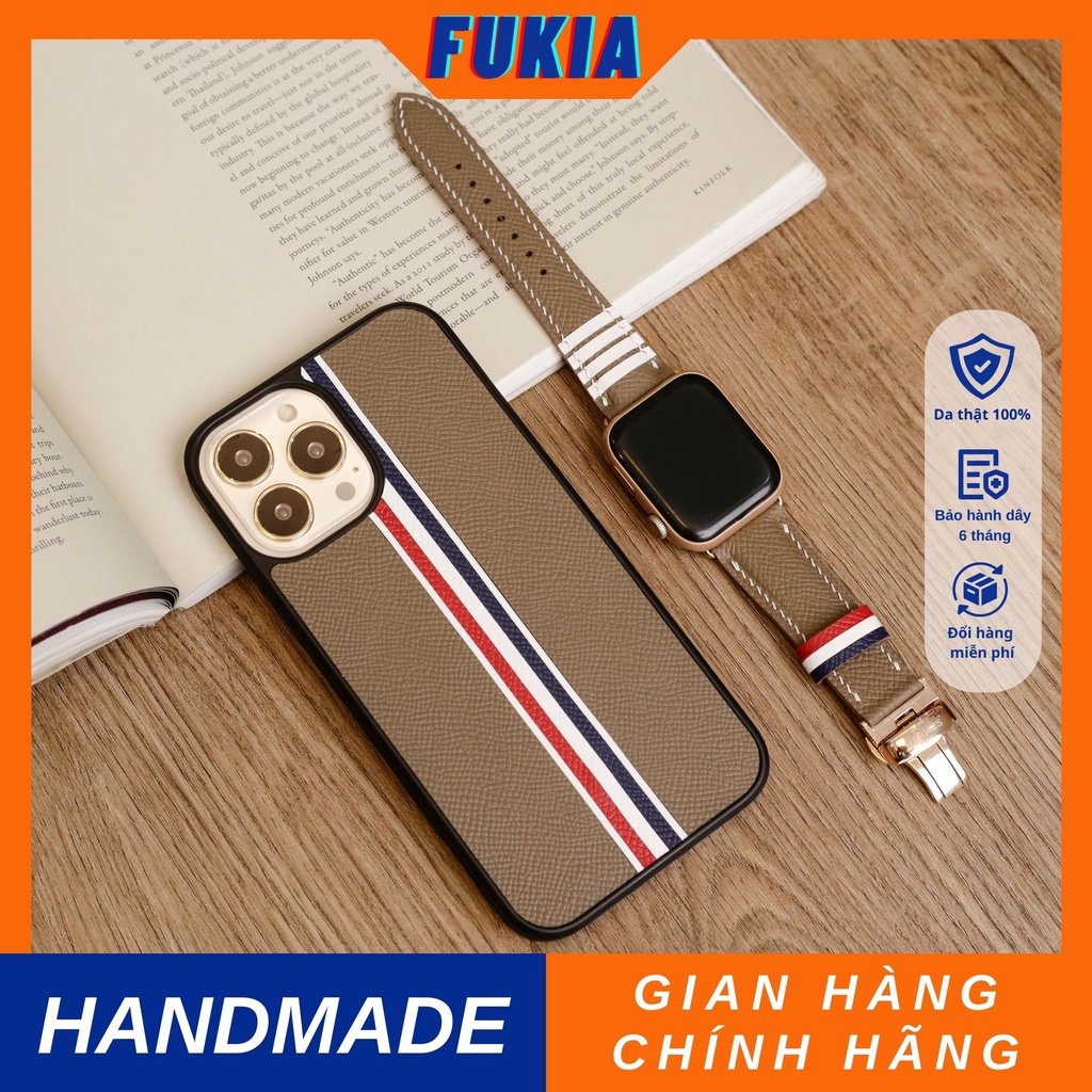 Combo dây và ốp da thủ công Thom Browne Epsom Nâu Tây dành cho Đồng hồ thông minh/ Đồng hồ cơ và Iphone CB004
