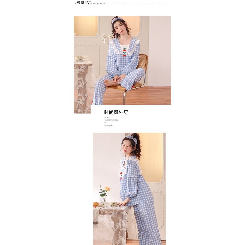 Bộ Đồ Ngủ Tay Dài Họa Tiết Caro Phối Ren Dễ Thương Thời Trang Xuân Thu Cho Nữ