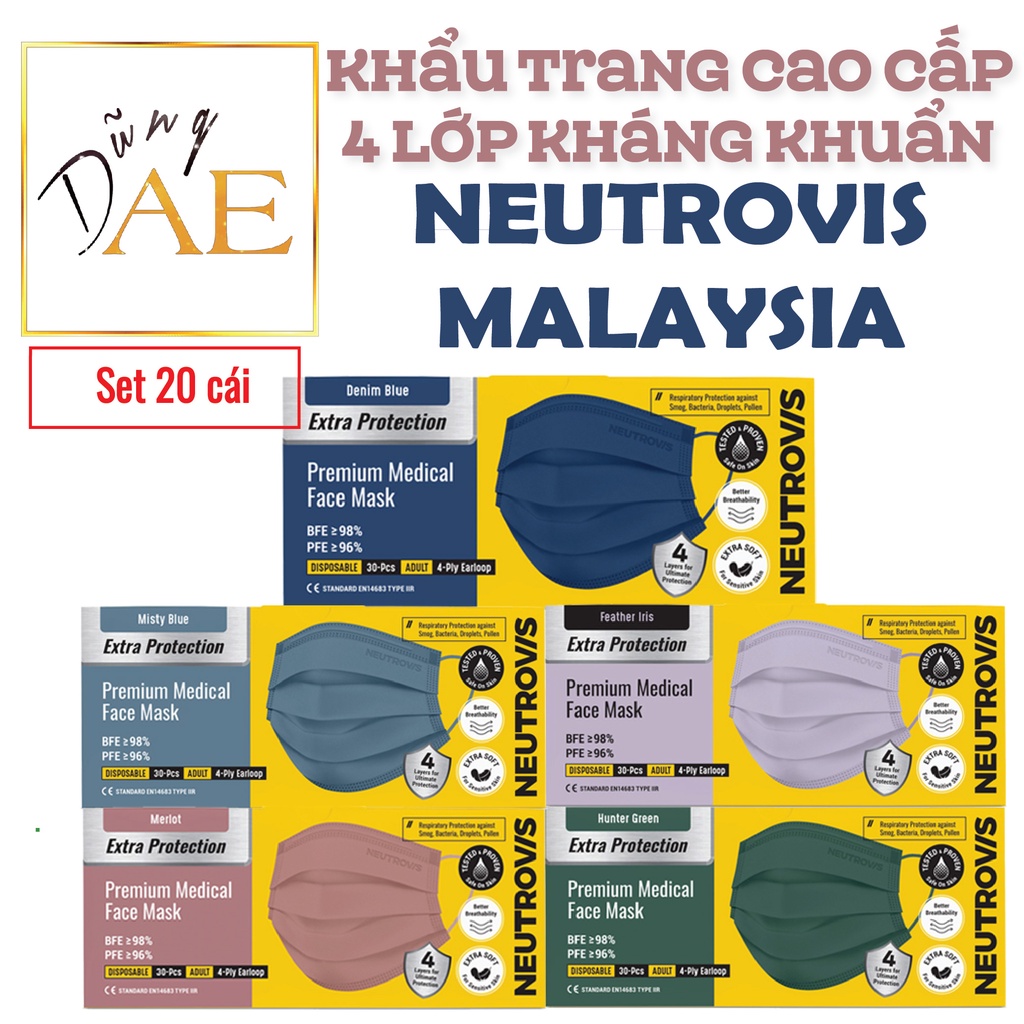 Khẩu Trang Cao Cấp 4 Lớp Kháng Khuẩn Neutrovis Chính Hãng Malaysia- Set 20 Cái