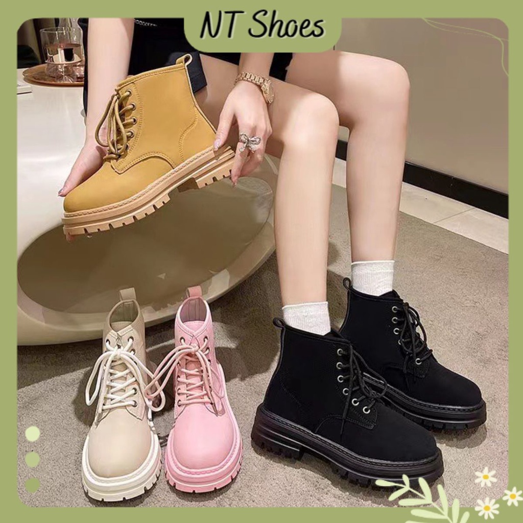 Giày boost nữ cổ cao da mềm trơn đế cao buộc dây dáng basic G28_NT Shoes