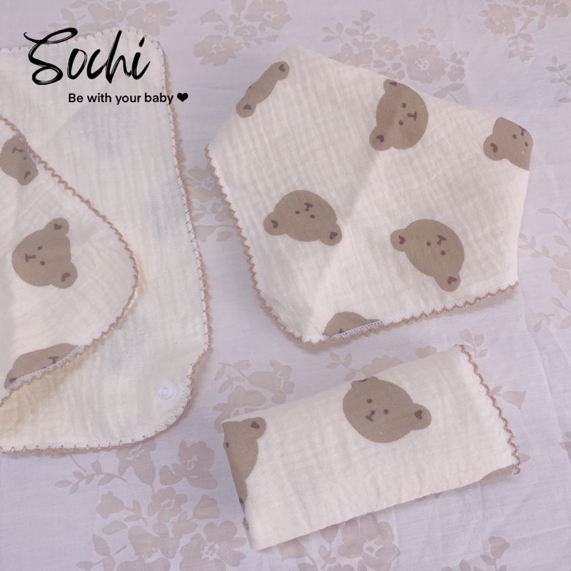 Set 3 khăn yếm giác đa năng vải xô muslin có khuy điều chỉnh họa tiết đáng yêu cho bé SoChi_Kids