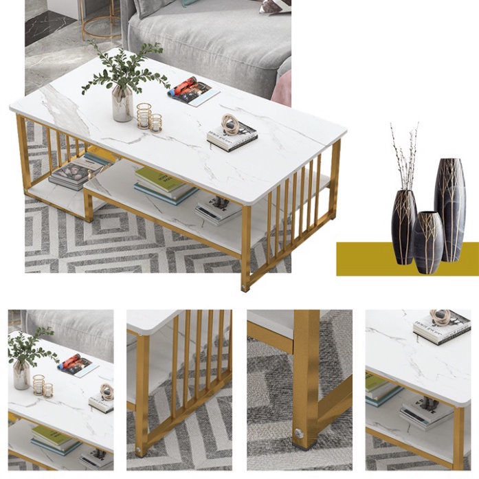 Bàn sofa phòng khách BETA HOME bàn trà mặt gỗ 3 tầng họa tiết vân đá cẩm thạch chân sơn nhũ vàng kích thước 100*50*42cm | BigBuy360 - bigbuy360.vn