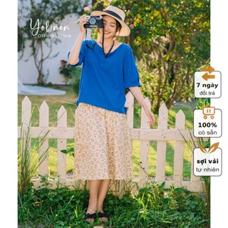  Set áo sơmi nữ tay lỡ phối chân váy dài hoa nhí YOLINEN vải linen mềm thoáng 