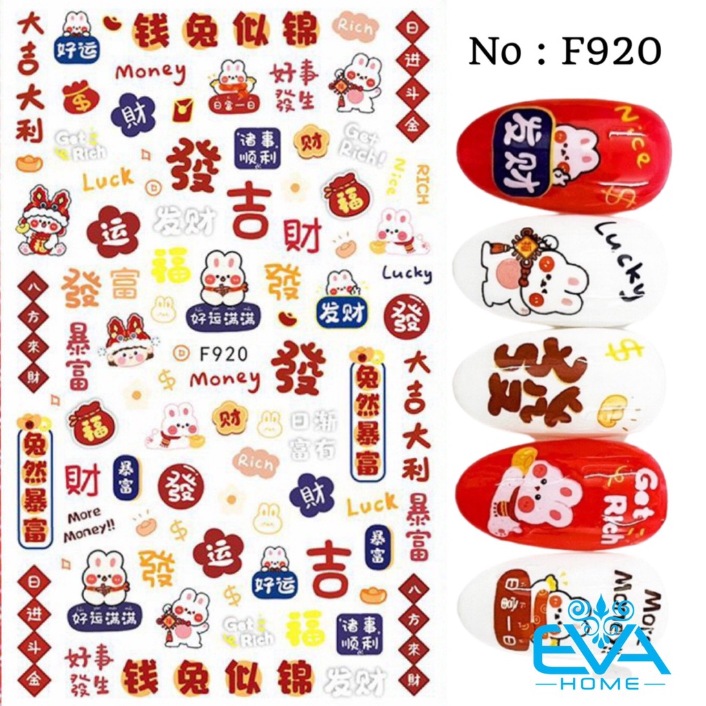 Miếng Dán Móng Tay 3D Nail Sticker Tráng Trí Tết Mừng Năm Mới 2023 Họa Tiết Thỏ Get Rich Phát Tài Mo