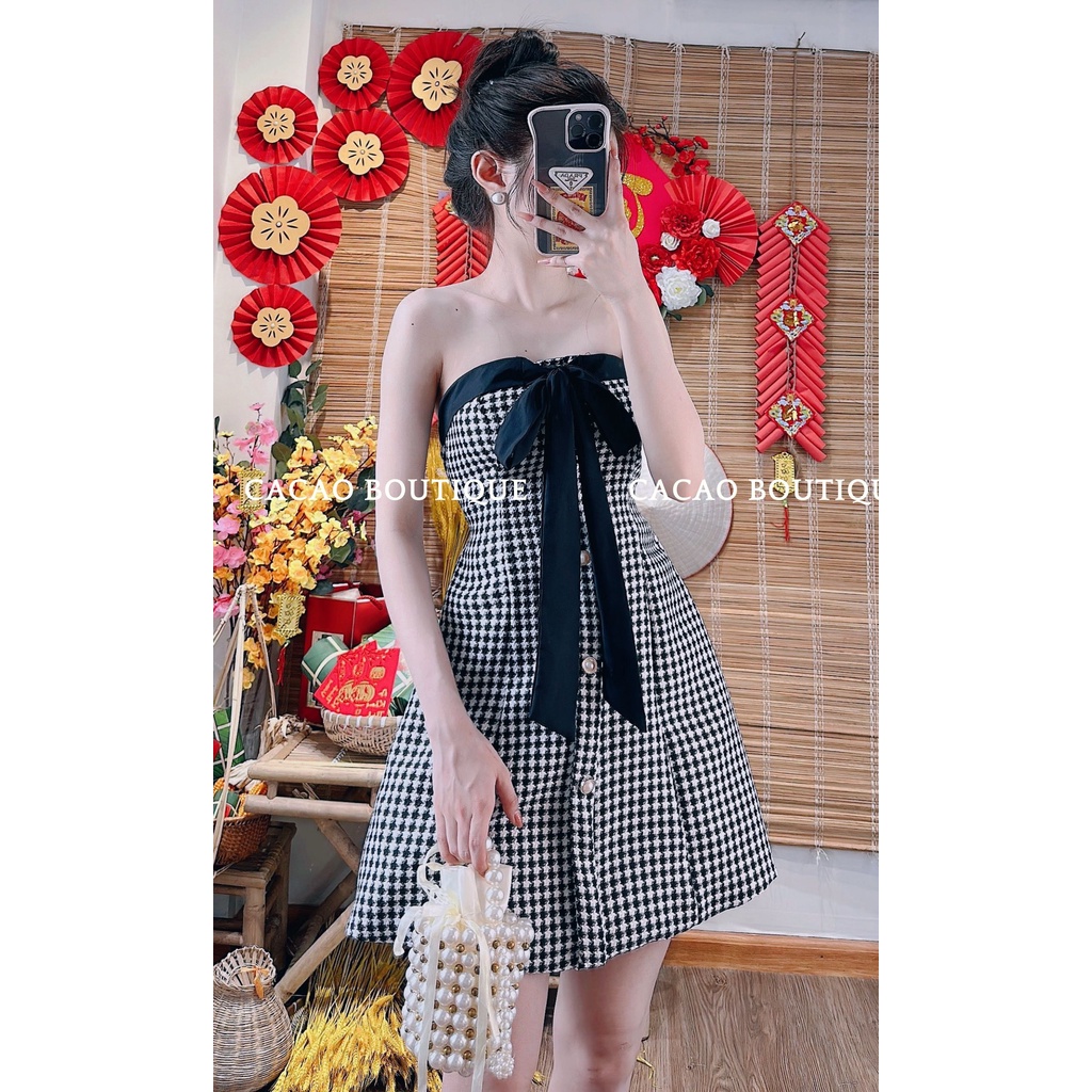 Đầm đi tiệc, đi chơi cúp ngực sang trọng, tôn dáng 2 lớp với chất bố dạ phối nơ màu đỏ đô và đen