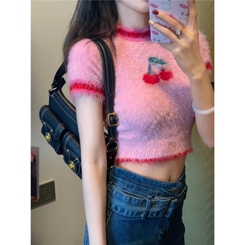 QKOOLE Áo crop top  tay ngắn hở rốn giả lông chồn thời trang mùa hè xinh xắn dành cho nữ