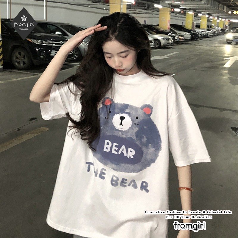 Áo Thun Tay Ngắn Dáng Rộng In Hình Gấu Kiểu Hàn Quốc Dễ Thương Cho Học Sinh