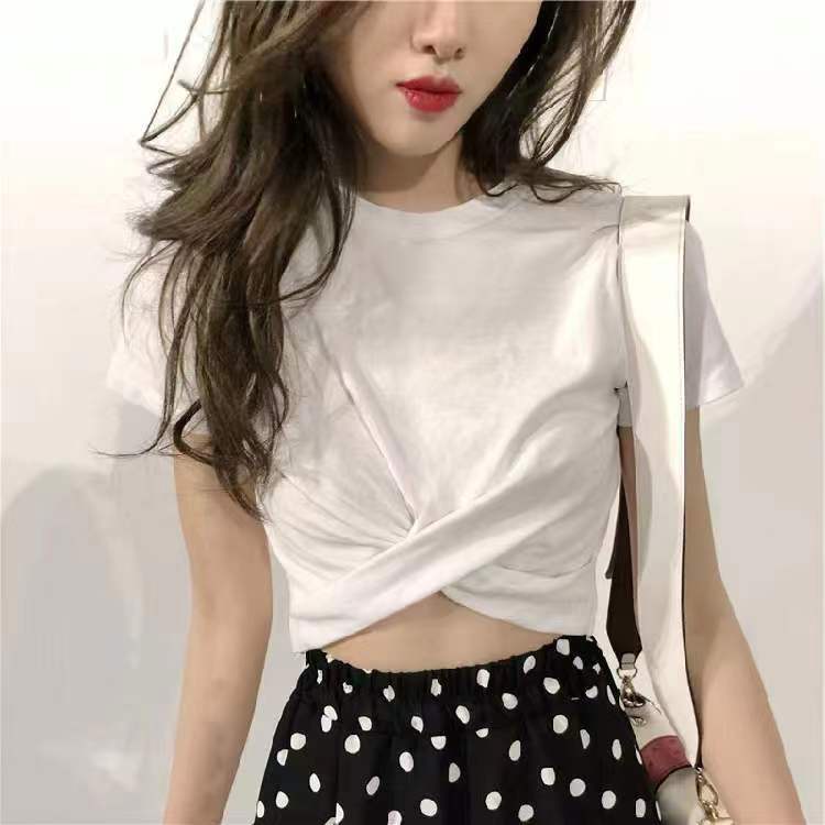 Áo Croptop Tay Ngắn Cổ Tròn geny_genz Thiết Kế Xoắn Eo Hở Rốn Gợi Cảm