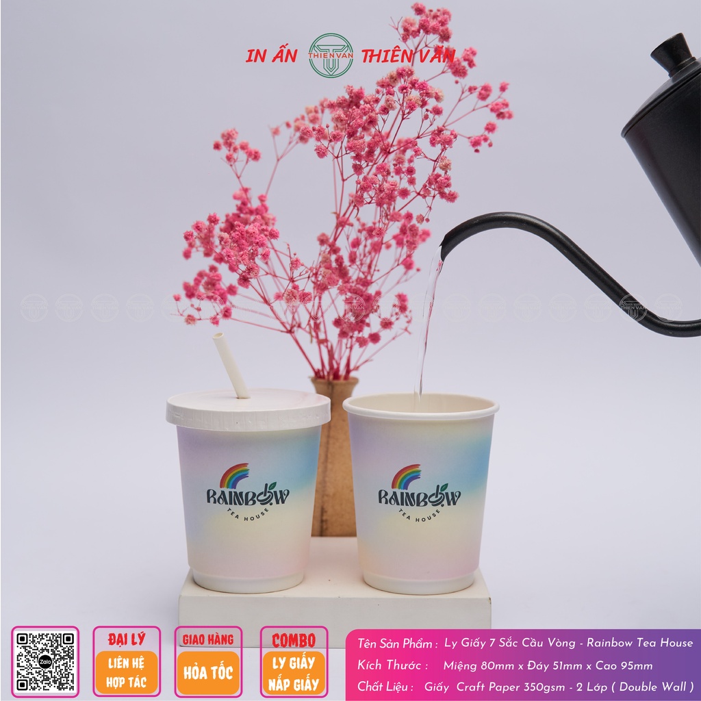 COMBO Ly Giấy - Kèm Nắp Giấy - Thien Van - RAINBOW TEA HOUSE 2 lớp Double Wall in 7 sắc cầu vồng