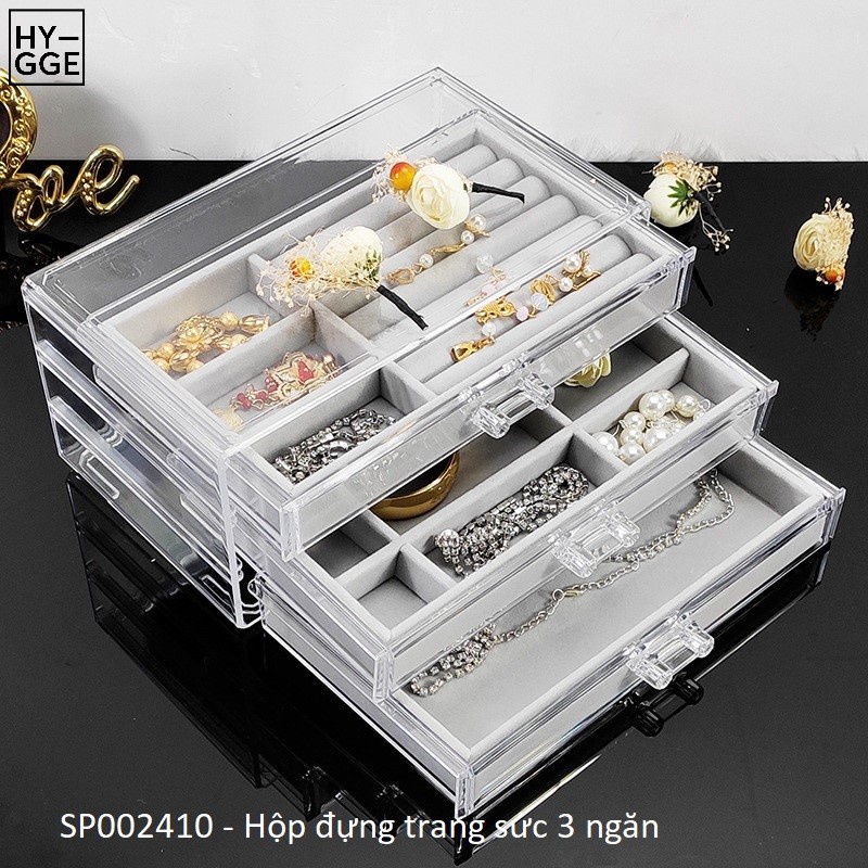 Hộp đựng phụ kiện, trang sức 3 tầng khay nhung nỉ sang chảnh -quà tặng cho bạn nữ, người yêu