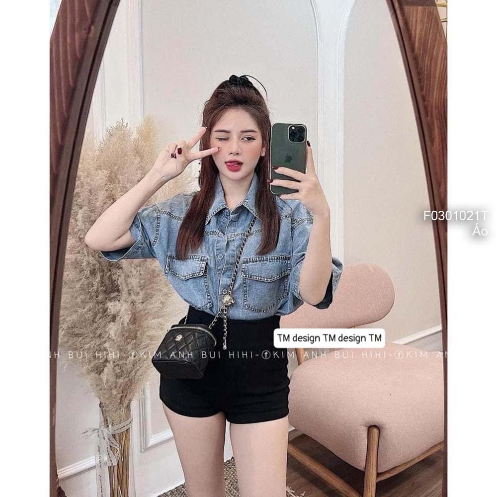 Áo sơ mi jean tay con phối nút hai túi hàng QC!