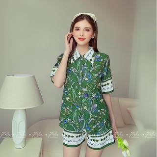 Folie Homewear đồ mặc nhà áo tay ngắn quần ngắn họa tiết Hoa-Xanh lá- Lụa tằm ý SET FB116.2