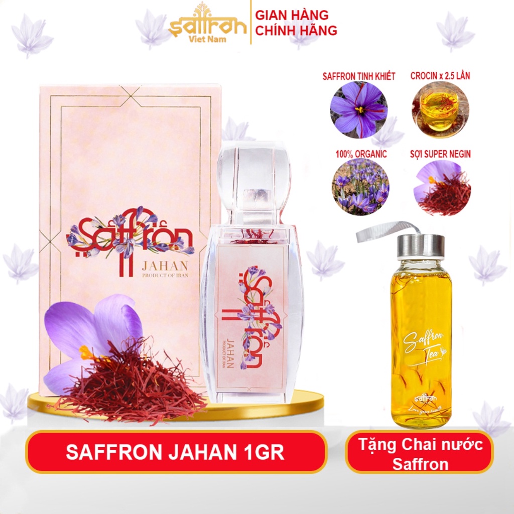 Nhụy Hoa Nghệ Tây Saffron Jahan hộp 1Gr tặng bình thủy tinh Saffron Việt Nam