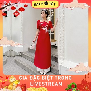 Set áo dài ad30001 thiết kế cổ yếm, họa tiết thêu tay tinh tế, sang trọng