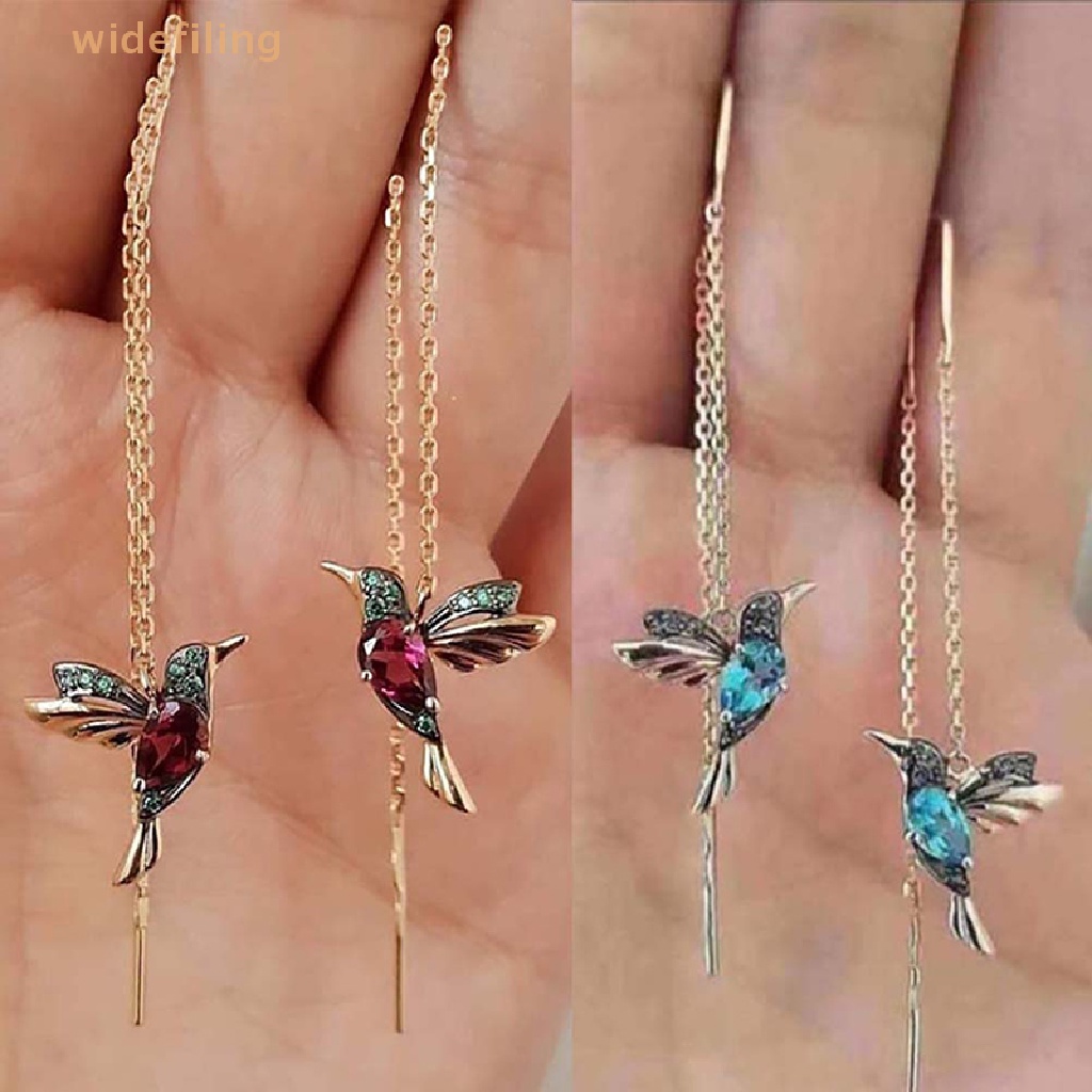 Bông Tai Dáng Dài Hình Chim Ruồi Đính Pha Lê Phối Tua Rua Thời Trang