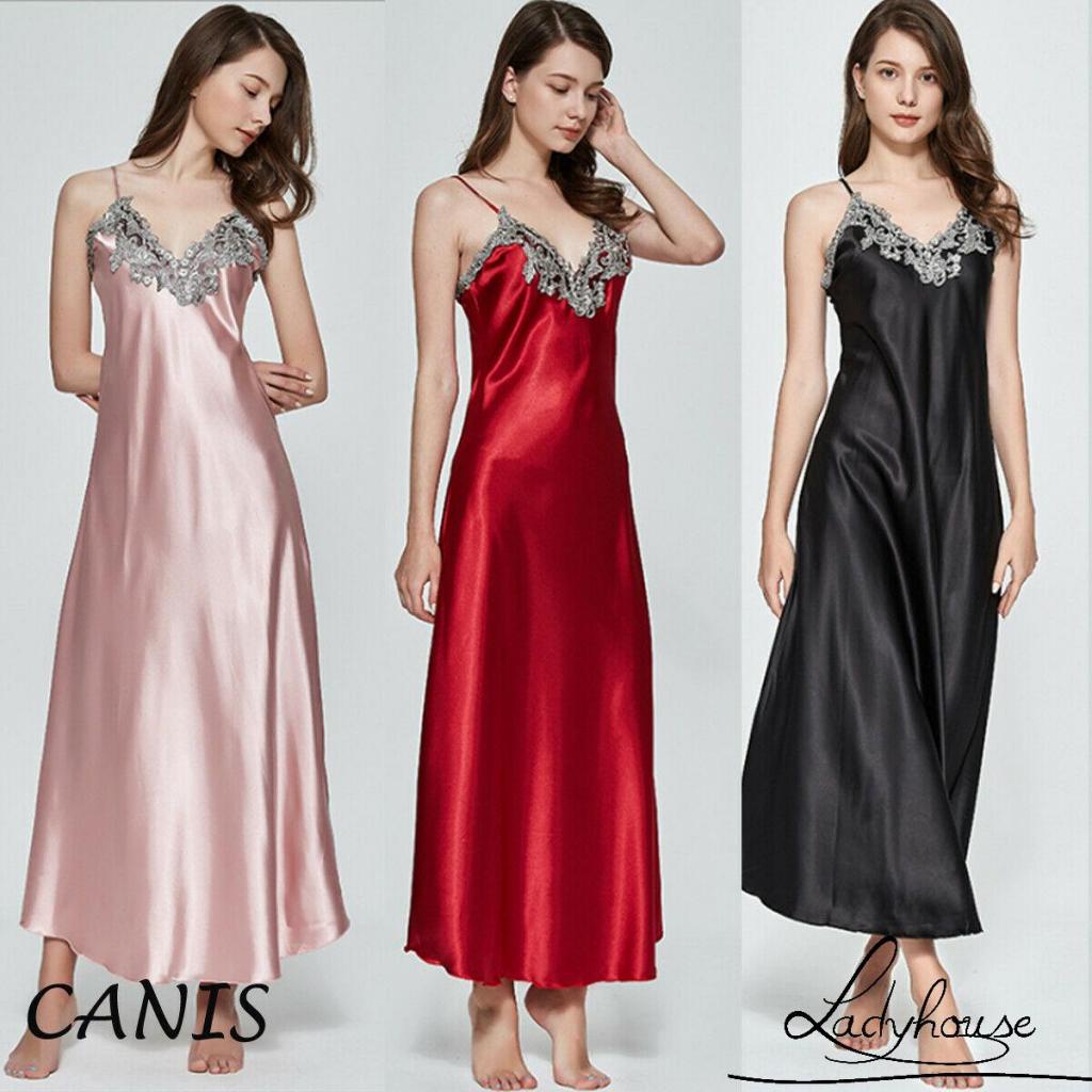 Đầm Ngủ Lụa Satin Hai Dây Cổ Chữ V Khoét Sâu Gợi Cảm Cho Nữ