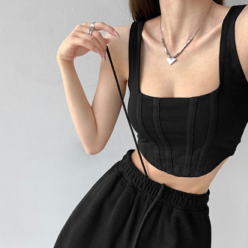 【kamyl】💖Áo croptop hai dây cổ vuông croset，Áo thun 2 dây kiểu croset vạt bầu