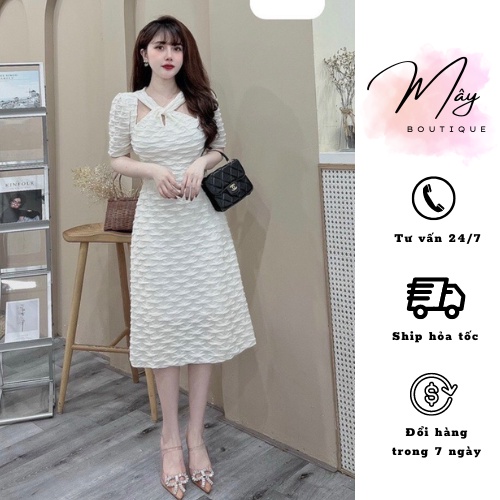 Đầm Nhăn Sóng Chéo Cổ Hai Lớp Hàn Quốc Cực Sang, Váy Sóng Cộc Tay 3 Màu Trắng Đen Be V102