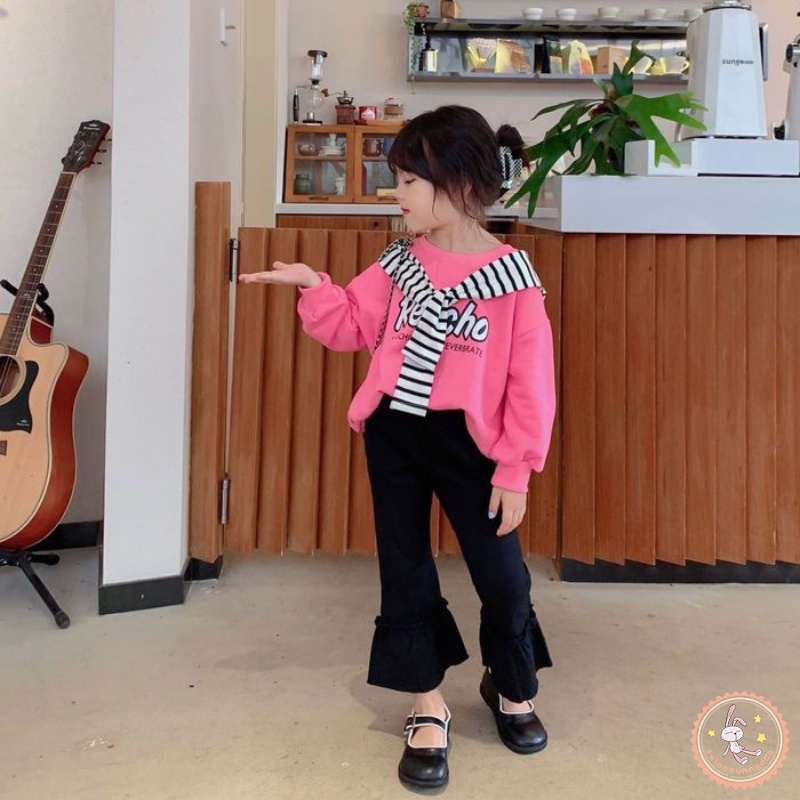 Áo Thun Sweater Cổ Tròn Tay Dài In Chữ Phối Khăn Choàng Kiểu Hàn Quốc Dễ Thương Cho Bé Gái