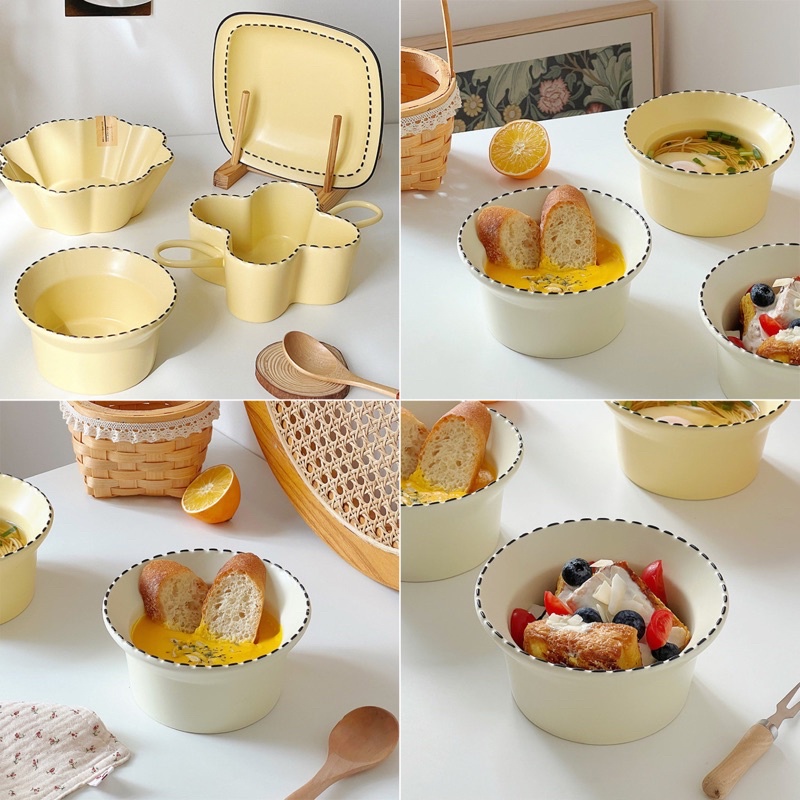 Bộ bát đĩa viền nét đứt, bộ bát đĩa pastel, bát đĩa decor