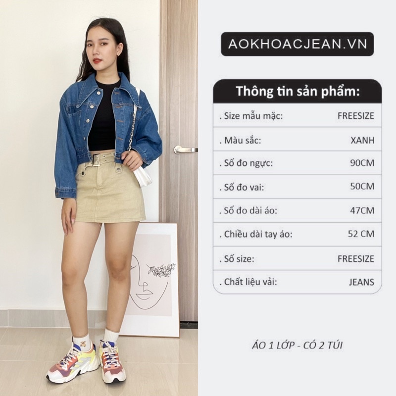 Áo khoác Jean nữ dài tay, 2 túi dáng ngắn phong cách Ulzzang