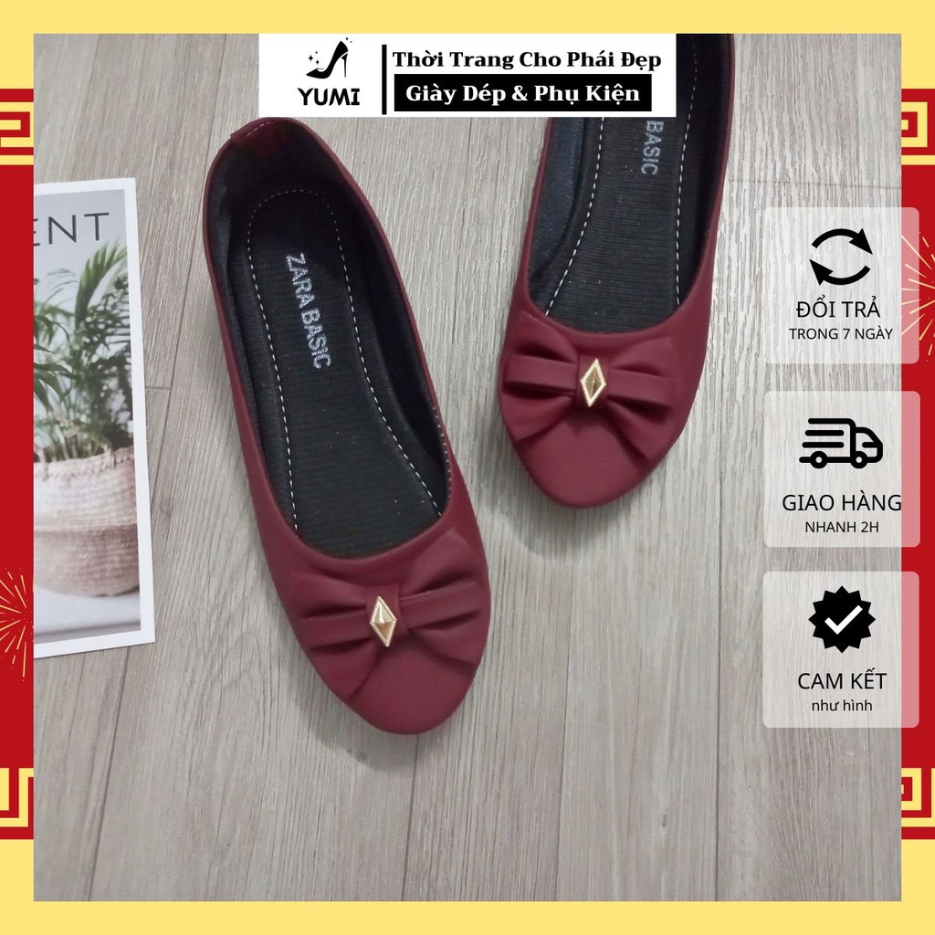 Giày bệt mũi nhọn đính nơ công sở da mềm đế bằng Yumi GB1