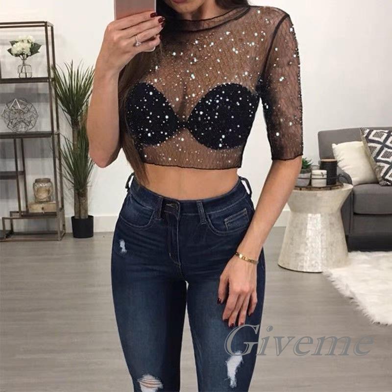 Áo Croptop Lưới Tay Lửng Xuyên Thấu Đính Kim Sa Lấp Lánh Thời Trang Mùa Hè Cho Nữ