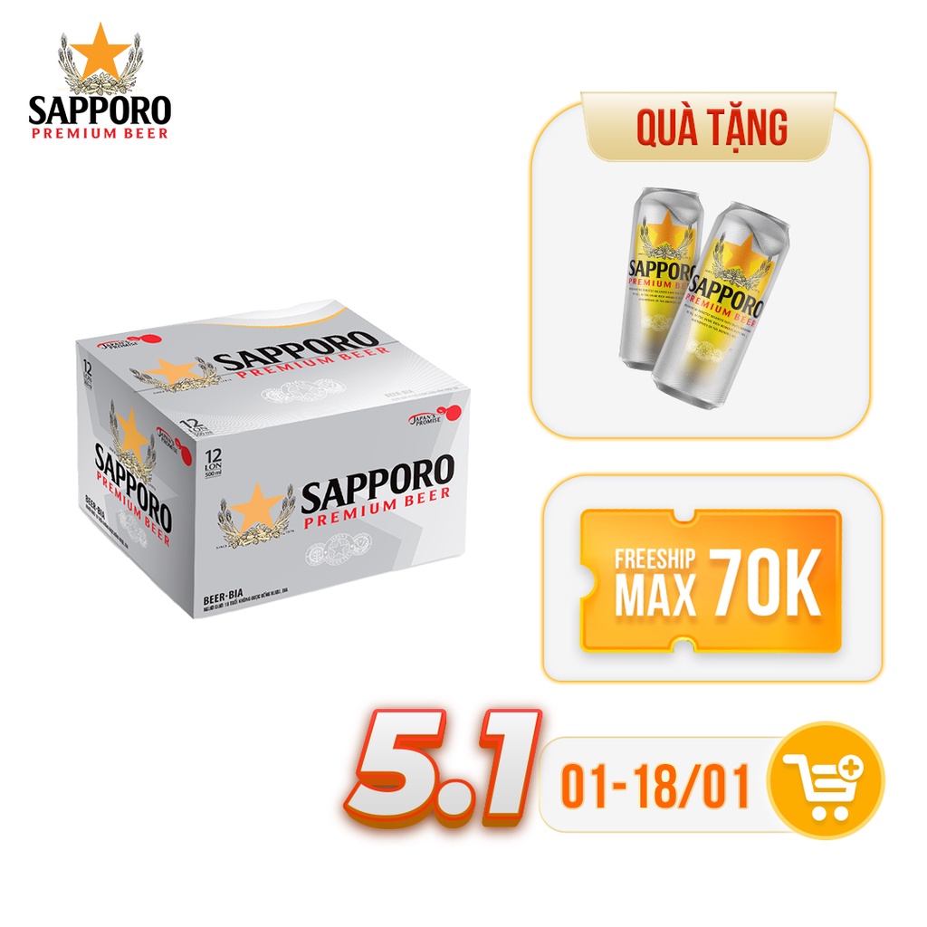 Mã BMLTM50 giảm đến 50K đơn 99K GIAO HỎA TỐCThùng 12 lon bia Sapporo